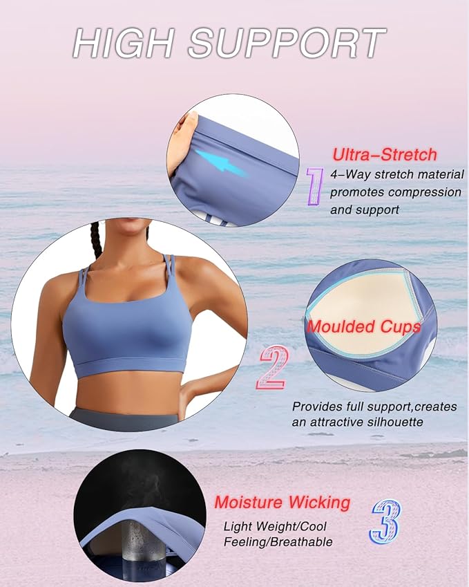 RUNNING GIRL High Impact Sports Bras for Women - Scoop Neck Strappy Sports Bra High Support Moulded Cup Workout Bra