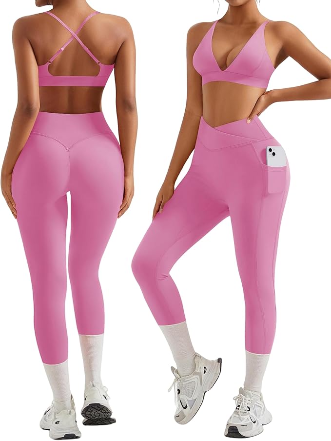 RXRXCOCO 2 Piece Workout Sets for Women Strappy Sports Bra Booty Leggings with Pockets Yoga Gym Outfits