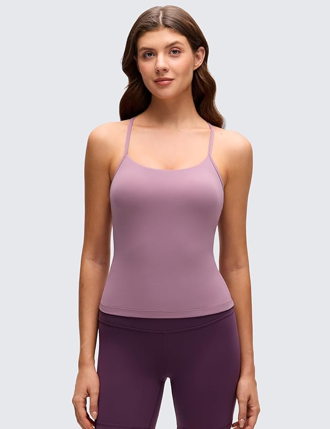 CRZ YOGA Butterluxe Racerback Tank Tops for Women - Scoop Neck Spaghetti Strap Padded Workout Camisole with Built in Bra