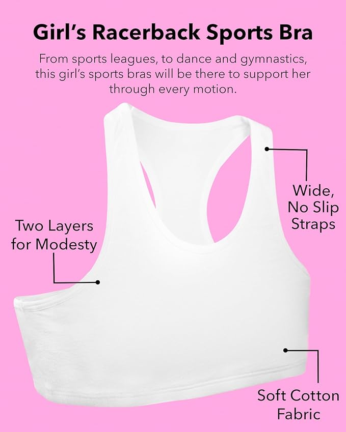 Fruit of the Loom girls Multi Pack Cotton Built -Up Stretch Sports Bra Available in 6 Packs!
