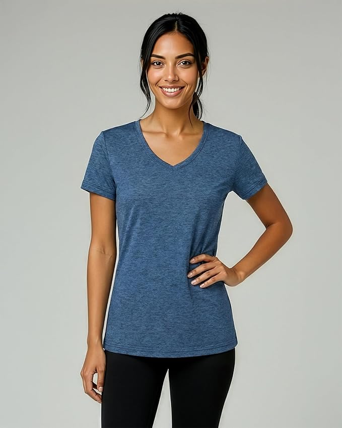 Real Essentials 5 Pack: Women's Dry-Fit Short Sleeve V Neck T Shirt Workout Fitness Yoga Top Tee (Available in Plus Size)