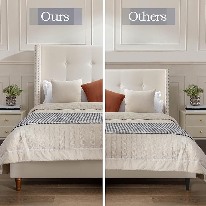 Upholstered Bed Frame, 54" Tall Headboard Wingback Upholstered Platform Bed Frame for Kids Teens Adults Bedroom Strong Wood Slats Support/No Box Spring Needed (Ivory Velvet, King)