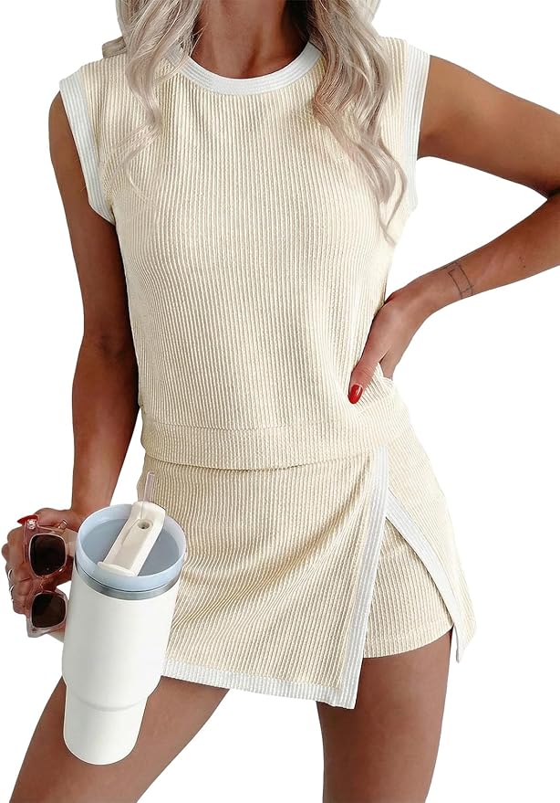 EVALESS 2 Piece Sets for Women Summer Outfits Ribbed Knit Tank Top and Split Lined Skirt Two Pieces Lounge Matching Set
