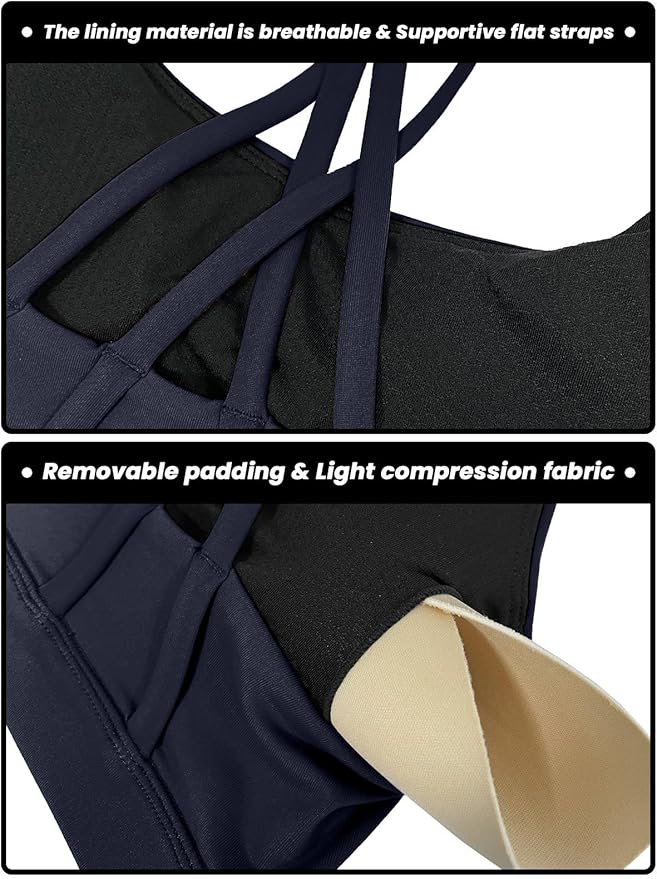Women's Strappy Sports Bras Light Compression Crop Criss Cross Back Padded Workout Yoga Bra Supportive U Neckline