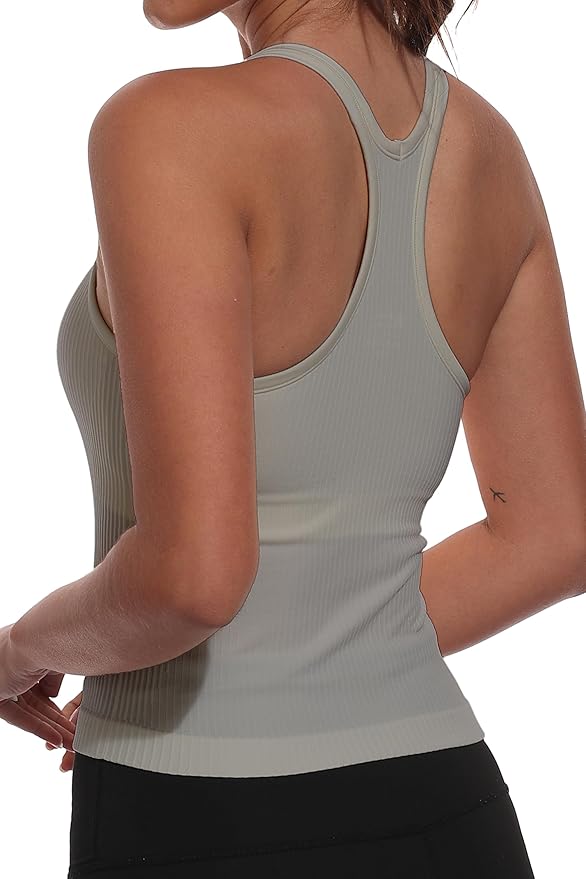 YIOIOIO Women Ribbed Workout Crop Tops with Built in Bra Seamless Yoga Racerback Tank Top Tight Fit