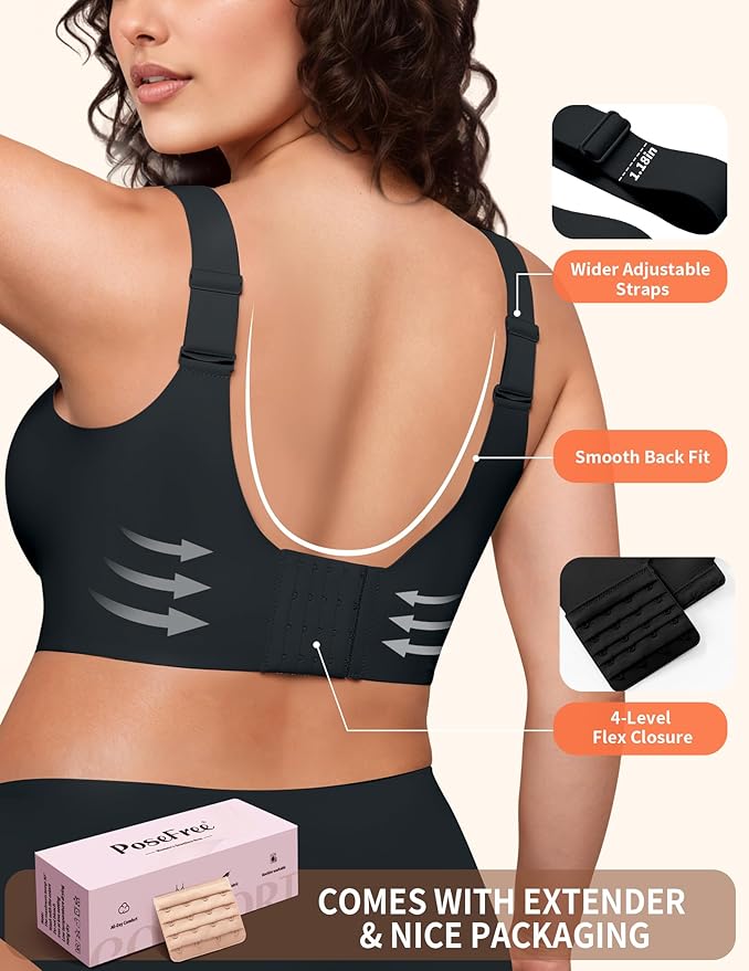 PoseFree Womens Seamless Wireless Supportive Bra Push Up Comfort Soft No Underwire Full Coverage T-Shirt Bra