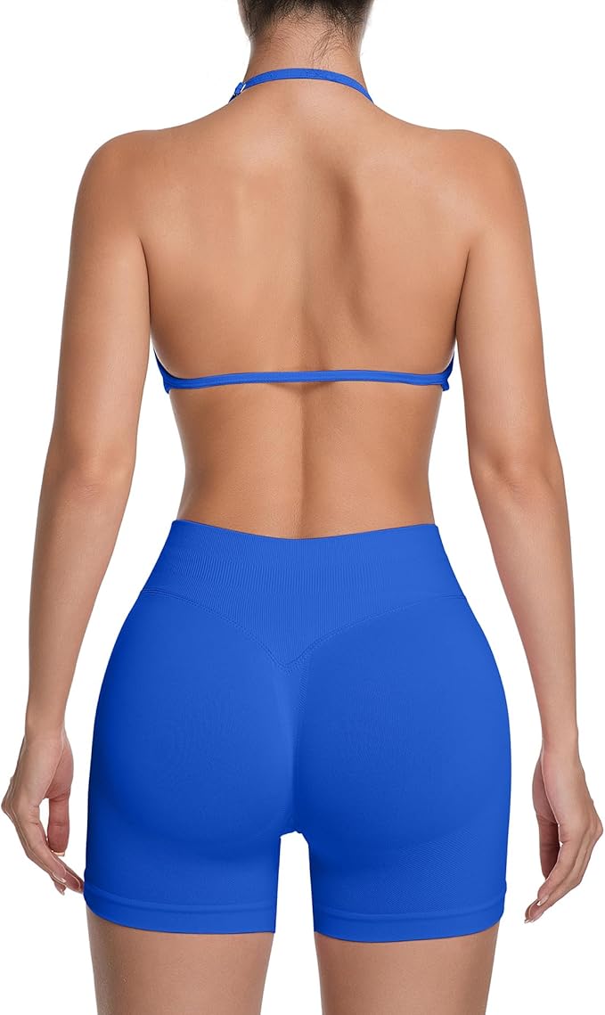 Comper 2 Piece Workout Sets for Women Halter Strappy Sports Bra with Seamless Ribbed Gym Yoga shorts Outfits