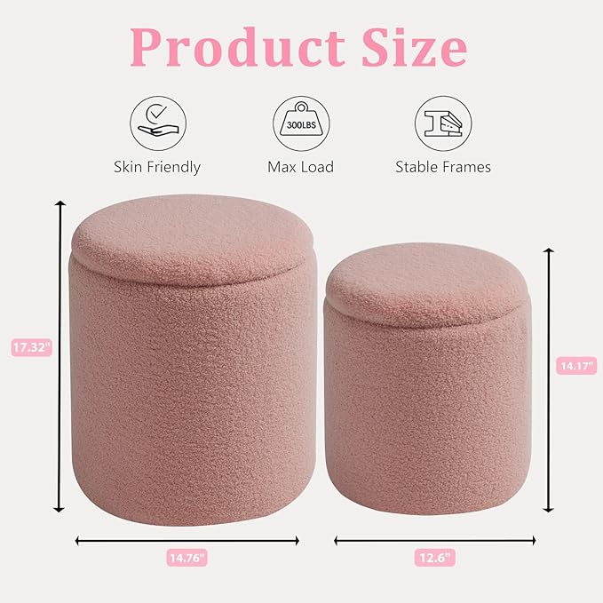 BLEXA Round Ottoman with Storage Set of 2 - Upholstered Sherpa Vanity Stool for Makeup Multifunctional Ottomans Coffee Table Padded Seat Foot Rest for Living Room & Bedroom (Sherpa Pink)