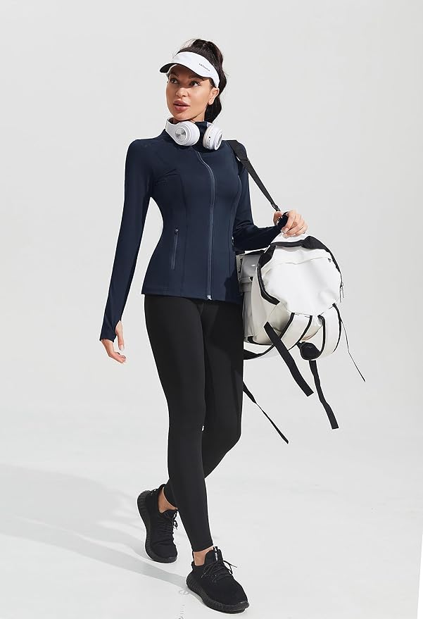 PINSPARK Women's Athletic Jackets Slim Fit Workout Jacket Full Zip Up Running Gym Yoga Sports Tops with Pockets