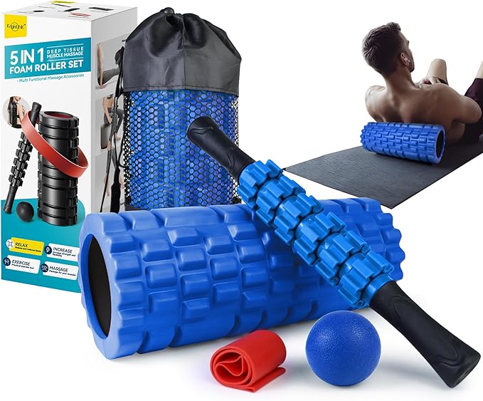 Krightlink 5 in 1 Foam Roller Set for Deep Tissue Muscle Massage, High Density Trigger Point Fitness Patented Exercise Foam Roller, Massage Roller, Massage Ball, Resistance Band, for Whole Body