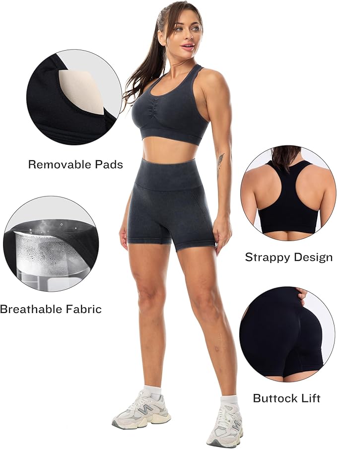 Workout Sets for Women 2 Piece - Seamless Yoga Outfits Shorts and Padded Sports Bra Gym Athletic Clothing Set