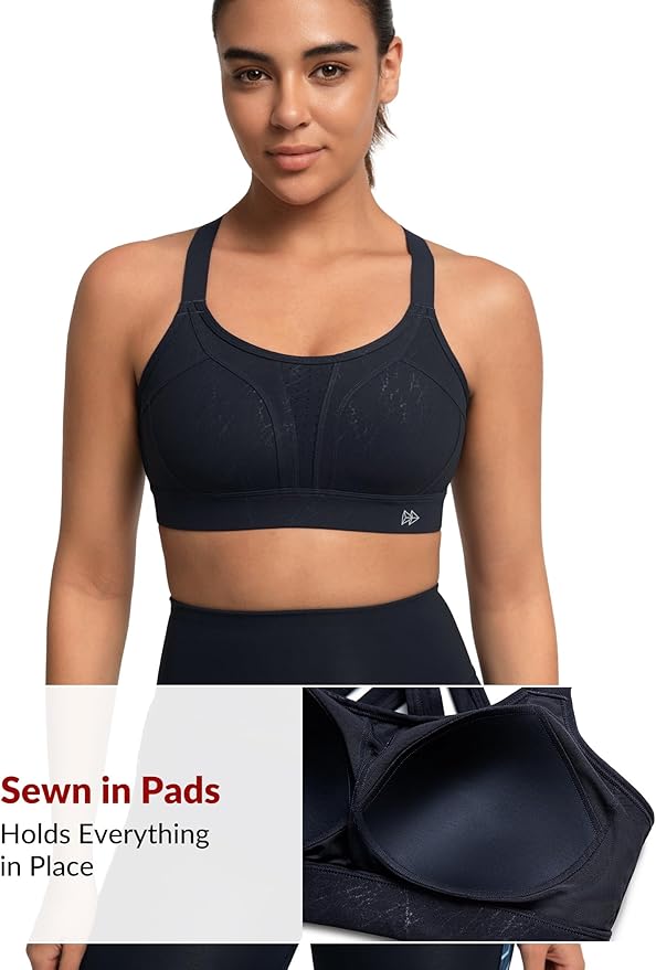 Yvette Sports Bra High Impact Adjustable Criss Cross Back, Full Support for Large Bust No Bounce