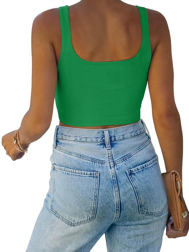 REORIA Women’s Sexy Square Neck Double Lined Seamless Sleeveless Cropped Tank Yoga Crop Basic Tops