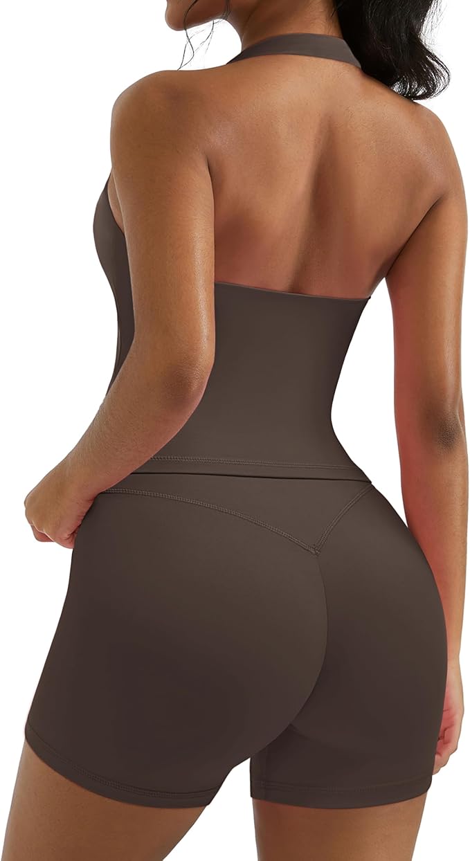 OMKAGI 2 Piece Workout Sets for Women Halter Sports Bra Tank Gym Biker Shorts Outfits