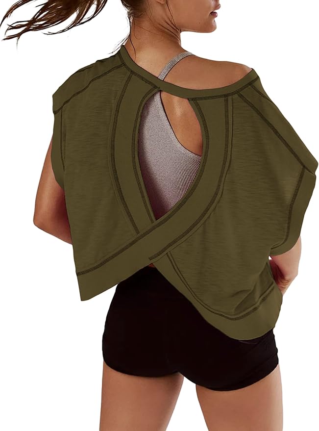 Kumufenc Women Short Sleeve Workout Shirts Open Back Tops Casual Yoga Y2k Athletic Gym Slouchy Crop Running Tees