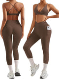 RXRXCOCO 2 Piece Workout Sets for Women Strappy Sports Bra Booty Leggings with Pockets Yoga Gym Outfits