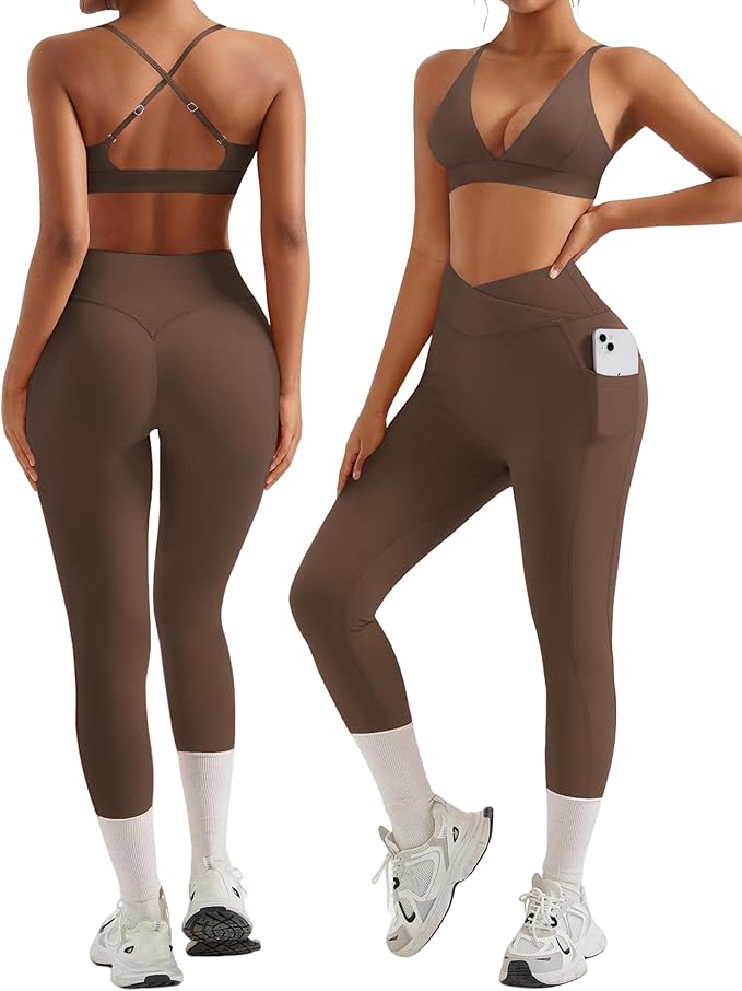 RXRXCOCO 2 Piece Workout Sets for Women Strappy Sports Bra Booty Leggings with Pockets Yoga Gym Outfits