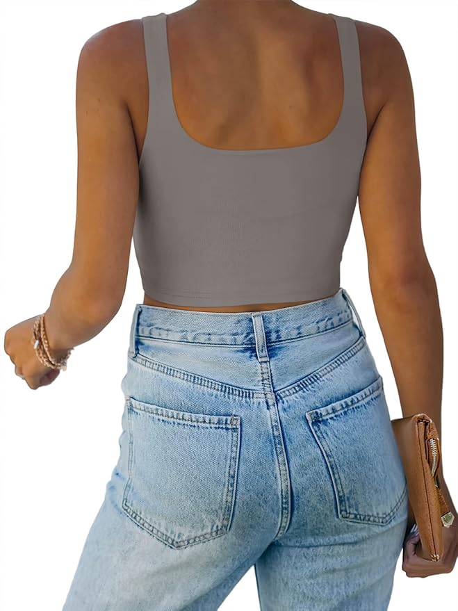 REORIA Women’s Sexy Square Neck Double Lined Seamless Sleeveless Cropped Tank Yoga Crop Basic Tops