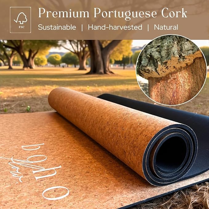 Deluxe Cork Yoga Mat – Gold, Coffee or Vegan Leather Cork Surface & Natural Rubber Base – Premium Natural & Eco Friendly Materials – Includes Signature Handmade Boho Bag