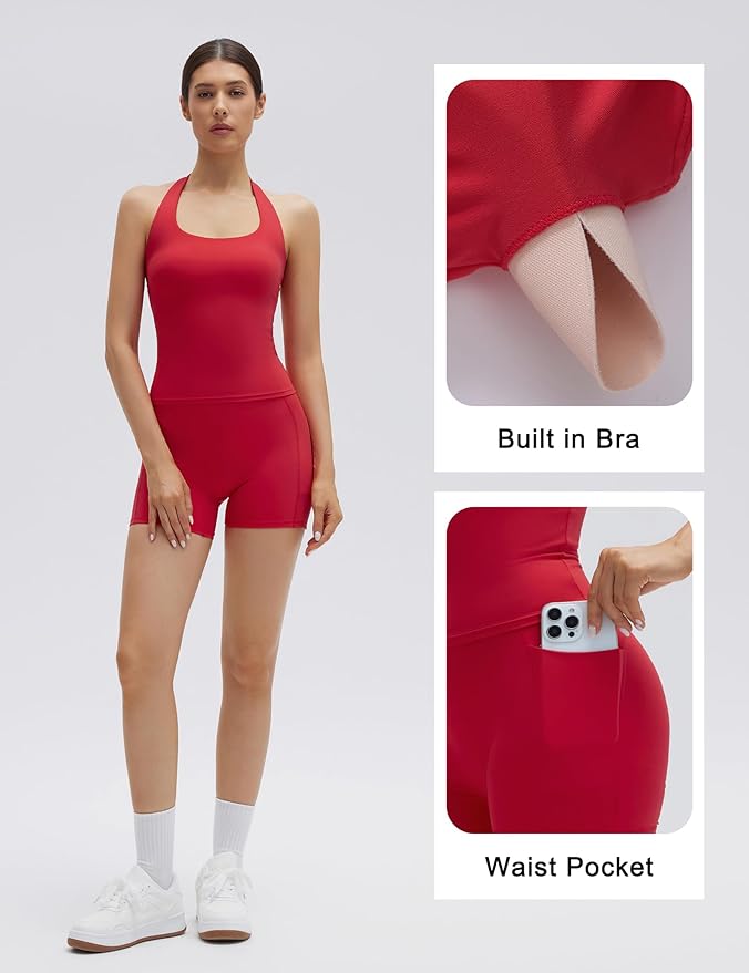 SUUKSESS Women 2 Piece Workout Sets Halter Neck Padded Yoga Tank Tops High Waisted Biker Shorts with Pockets