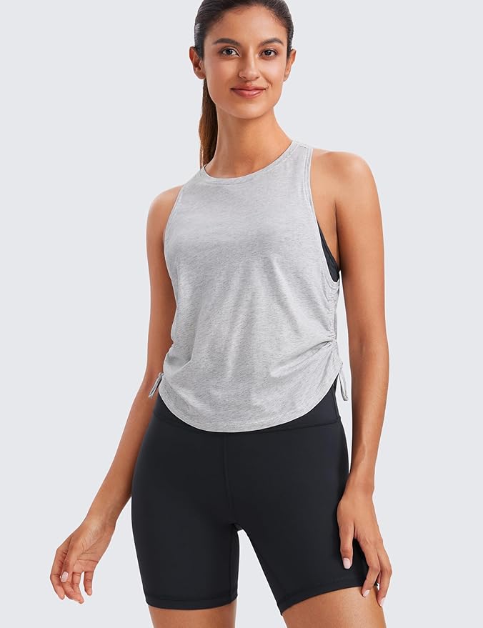 CRZ YOGA Pima Cotton Ruched Side Tank Tops for Women - Workout Athletic Casual Racerback Crewneck Loose Sleeveless Shirts