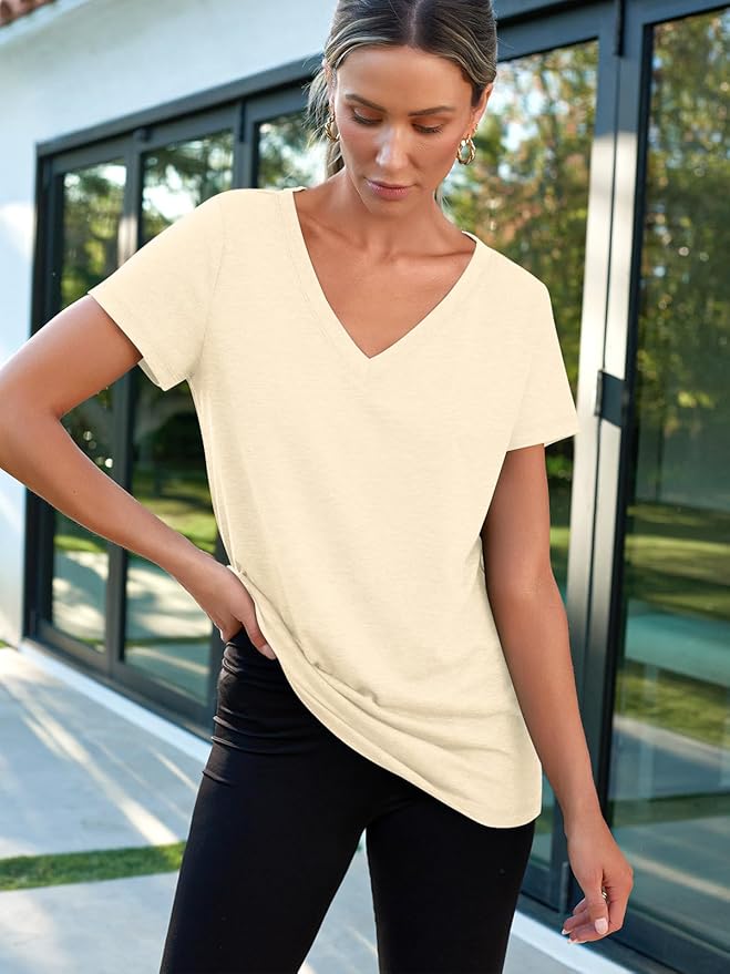 AUTOMET T-Shirts Short Sleeve V Neck Tees Tops for Women Fashion Trendy Lightweight Soft Casual Summer Outfits Clothes 2026