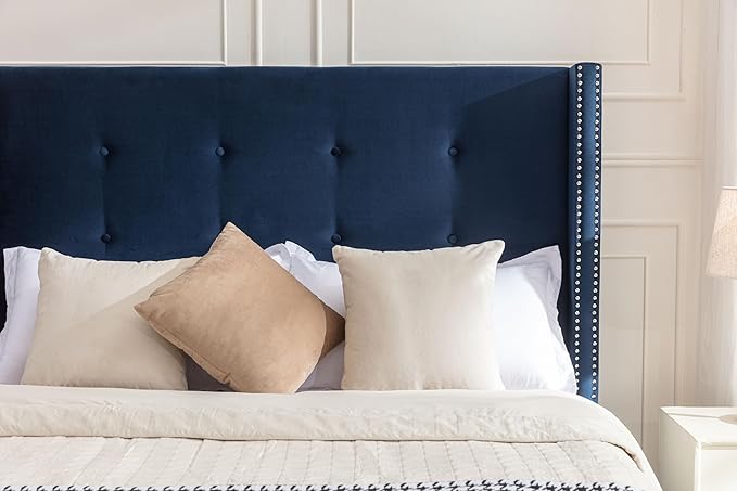 Upholstered Bed Frame, 54" Tall Headboard Wingback Upholstered Platform Bed Frame for Kids Teens Adults Bedroom Strong Wood Slats Support/No Box Spring Needed (Blue, Queen)
