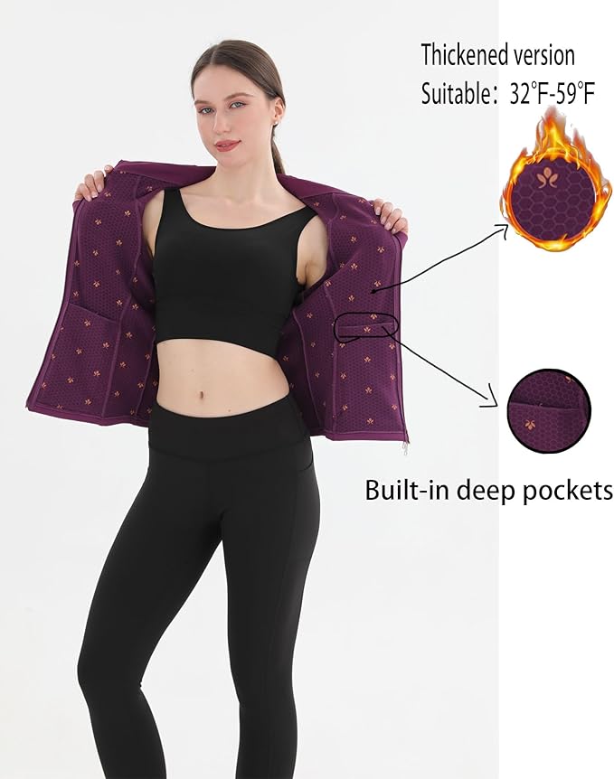 Women's Thermal Yoga Jacket - Thick Warm Full Zip Long Sleeve for Running Gym, Fleece Lined for Cold Weather Winter
