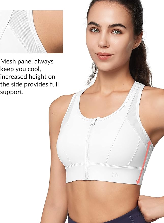Yvette High Impact Zip Front Sports Bra Mesh Racerback Workout High Support Sports Bras for Women Large Breasts