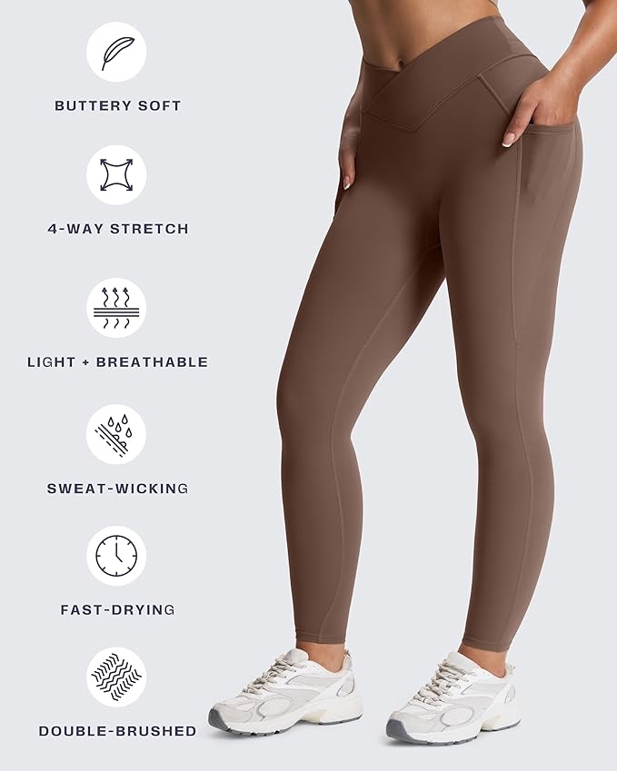 Aoxjox Women's Trinity High Waisted Yoga Pants with Pockets Cross-Waist Tummy Control Buttery Soft Workout Leggings 26"