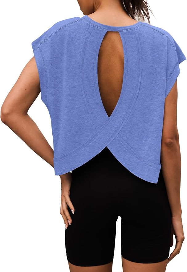 Women Open Back Workout Shirts Short Sleeve Tops Casual Yoga Y2k Athletic Gym Running Crop Tees