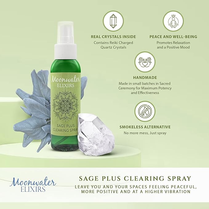 Reiki-Charged White Sage Mist for Aura Renewal & Energy Purification, Crystal-Infused Room Aromatherapy Spray with Clear Quartz for Meditation, Relaxation, Spiritual Balance & Home Harmony – 8oz