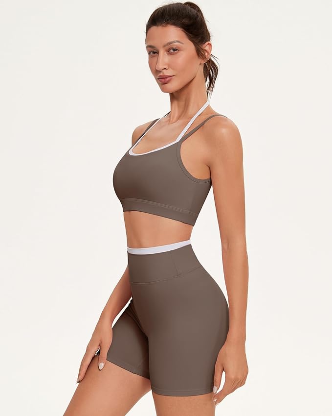 OMKAGI Workout Sets for Women Cute Doubel Layer Open Back Sports Bras Gym Shorts Outfits