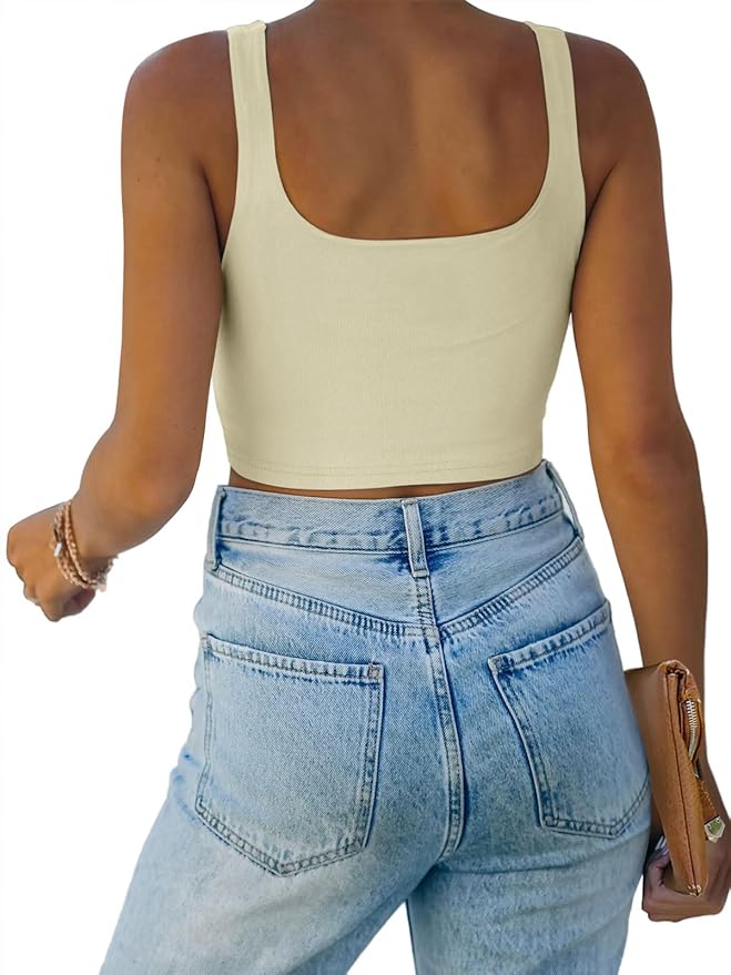 REORIA Women’s Sexy Square Neck Double Lined Seamless Sleeveless Cropped Tank Yoga Crop Basic Tops