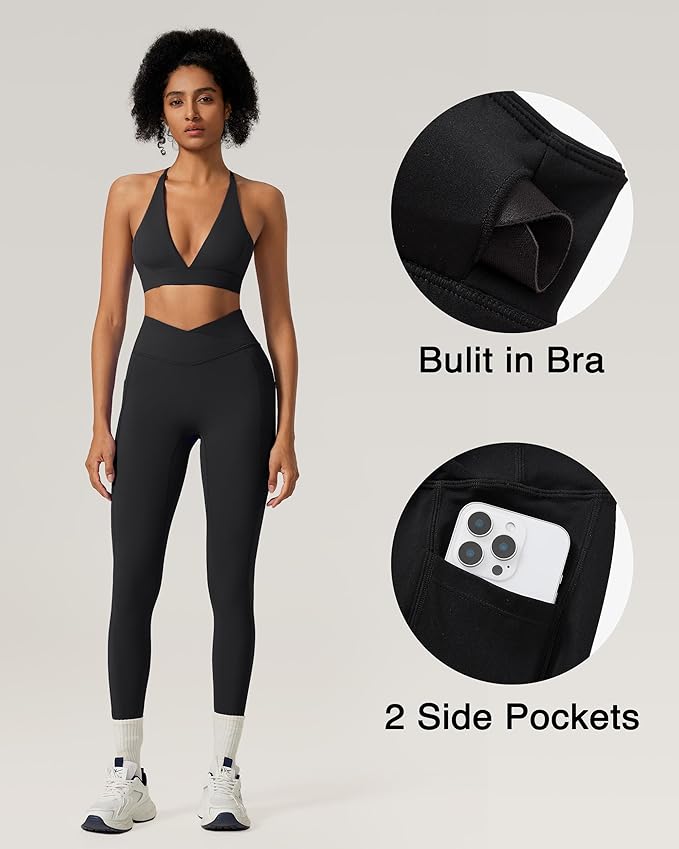 RXRXCOCO 2 Piece Workout Sets for Women Strappy Sports Bra Booty Leggings with Pockets Yoga Gym Outfits