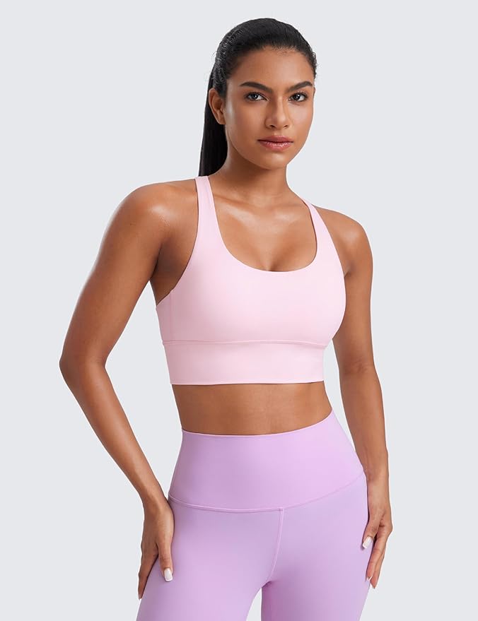 CRZ YOGA Naked Feeling Strappy Longline Sports Bras for Women - Medium Impact Criss Cross Yoga Padded Workout Crop Top