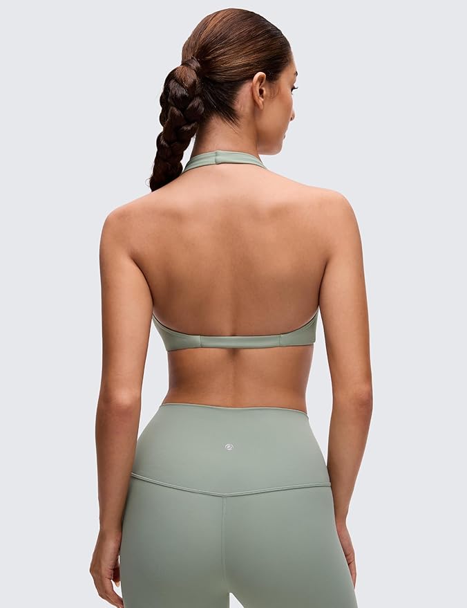 CRZ YOGA Butterluxe Double Lined Twist Halter Sports Bras for Women - Deep V Neck Crop Top Casual Open Back Non Padded