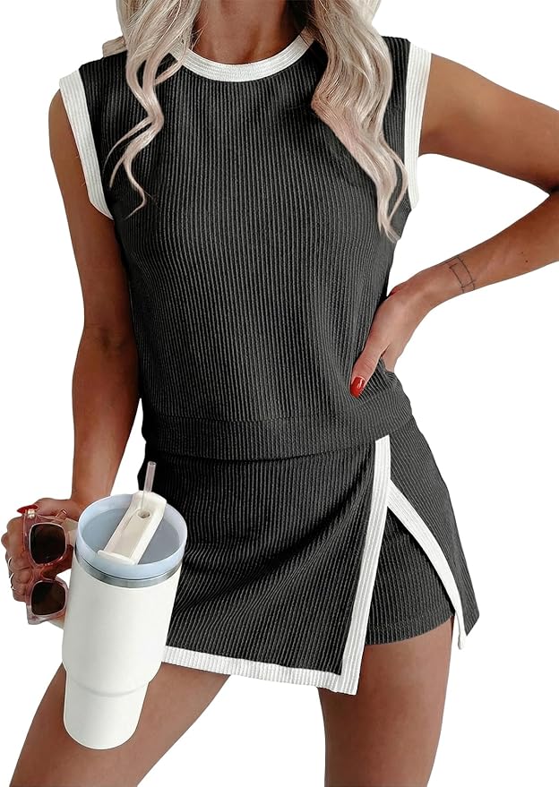 EVALESS 2 Piece Sets for Women Summer Outfits Ribbed Knit Tank Top and Split Lined Skirt Two Pieces Lounge Matching Set