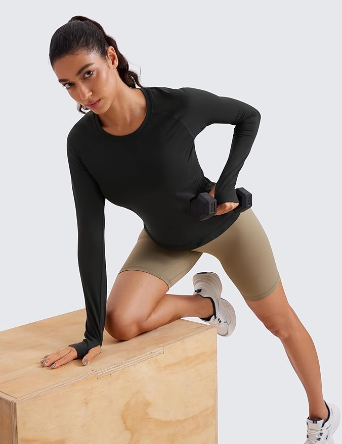 CRZ YOGA Seamless Long Sleeve Shirts for Women Waist Length - Workout Athletic Running Gym Yoga Tops Crewneck Breathable