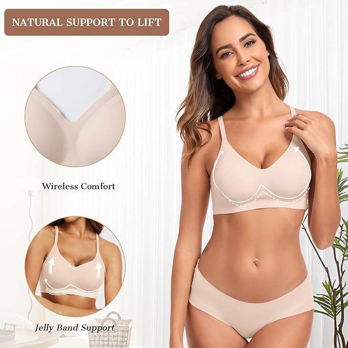 OEAK Womens Wireless Jelly Bras Comfortable Push Up Bra No Underwire Gel Bra Full Support Lift Everyday Seamless Tshirt Bras