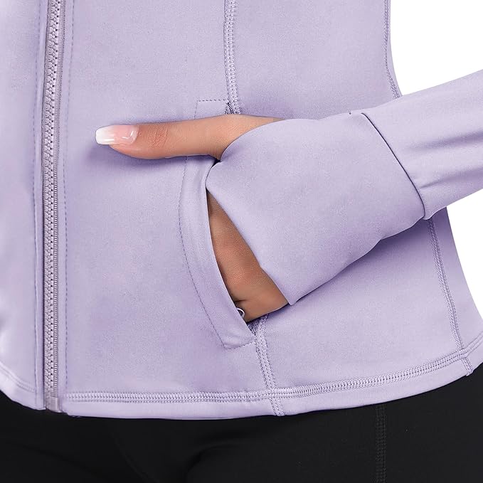 Women's Hooded Athletic Full Zip Workout Jacket With Pockets Running Slim Fit Yoga Sportwear With Thumb Holes