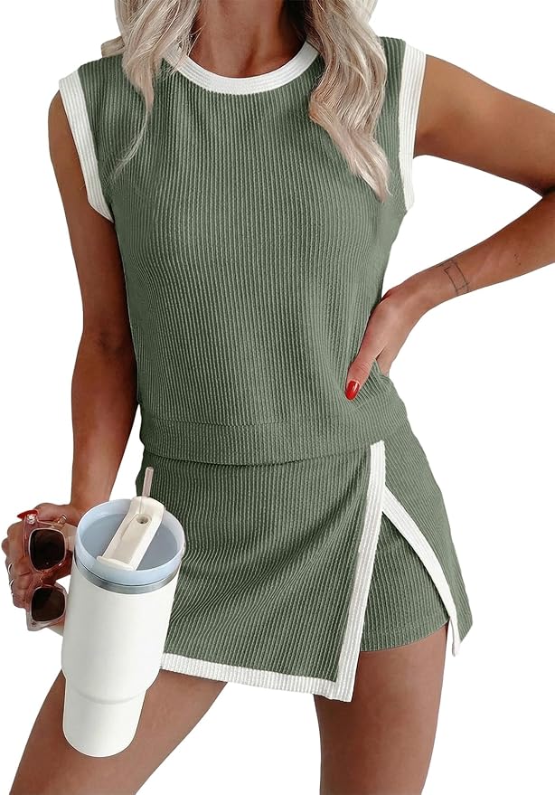 EVALESS 2 Piece Sets for Women Summer Outfits Ribbed Knit Tank Top and Split Lined Skirt Two Pieces Lounge Matching Set