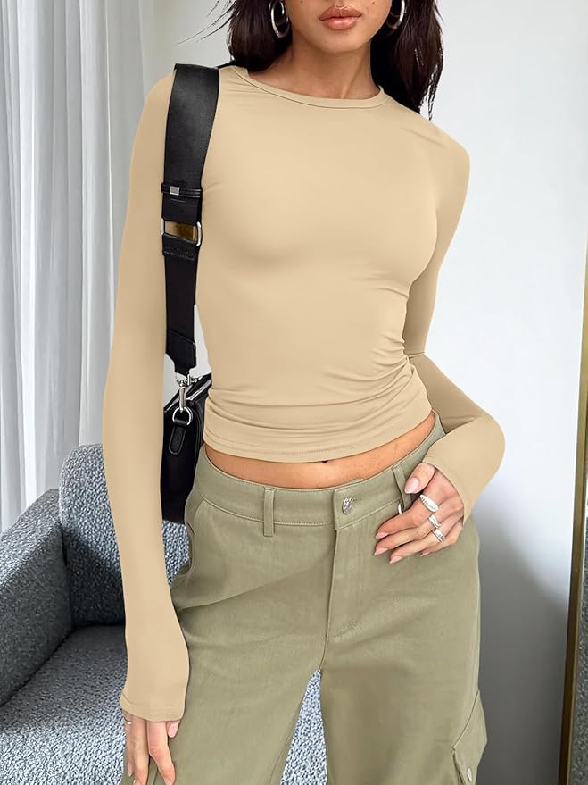 Trendy Queen Womens Long Sleeve T Shirts Fall Fashion 2026 Basic Crop Tops Going Out Outfits Y2k Clothes