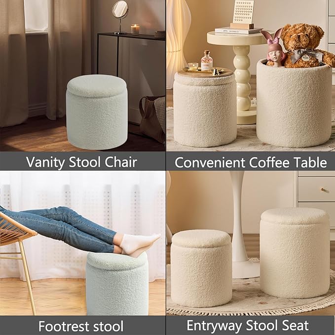 BLEXA Round Ottoman with Storage Set of 2-Upholstered Sherpa Vanity Stool for Makeup Multifunctional Ottomans Coffee Table Padded Seat Foot Rest for LivingRoom&Bedroom(Sherpa White)