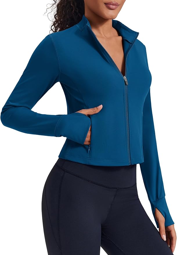 PINSPARK Women Cropped Workout Jackets Full Zip Slim Fit Athletic Jackets Thumb Holes Running Jacket with Zipper Pockets
