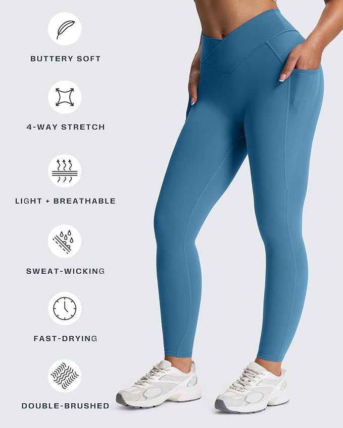 Aoxjox Women's Trinity High Waisted Yoga Pants with Pockets Cross-Waist Tummy Control Buttery Soft Workout Leggings 26"