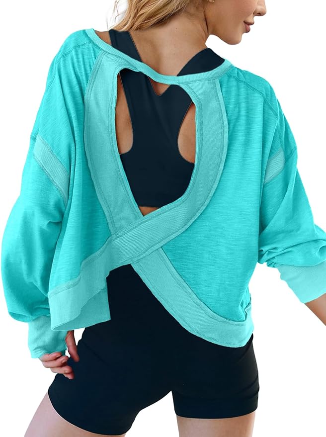 UNIANKIYA Open Back Workout Tops for Women Long Sleeve Cropped Athletic Clothes Gym Running Yoga Low Impact Sports T Shirts