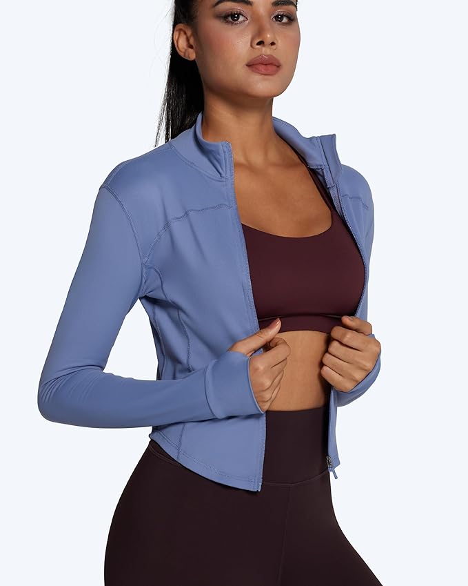 Women BBL Jacket Full Zip UP Workout Athletic Cropped Jacket wIth Thumb Holes Running Yoga Sportswear