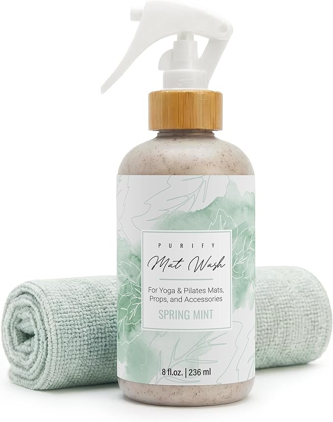 Organic Yoga Mat Cleaner Spray | 8oz Spring Mint with Microfiber Cloth | Made in the USA | Safely and Effectively Cleans All Mats and Pilates + Yoga Accessories