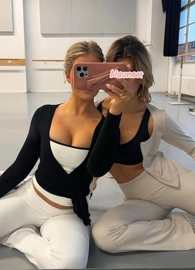 Navneet Women Long Sleeve Ballet Pilates Yoga Wrap Tie Front Tops Workout Gym Shirts Cardigan